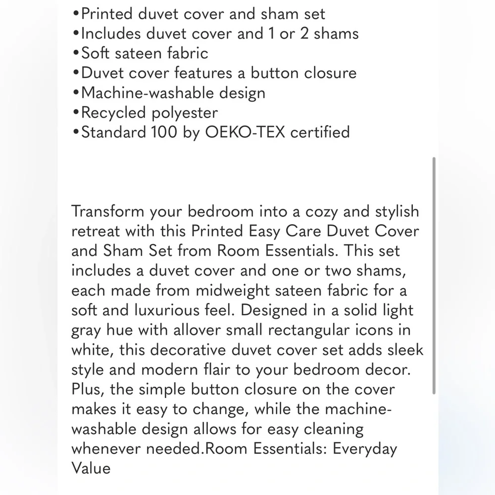ROOM ESSENTIALS NWT 2pc cotton blend sateen duvet cover set -gray/white -twin